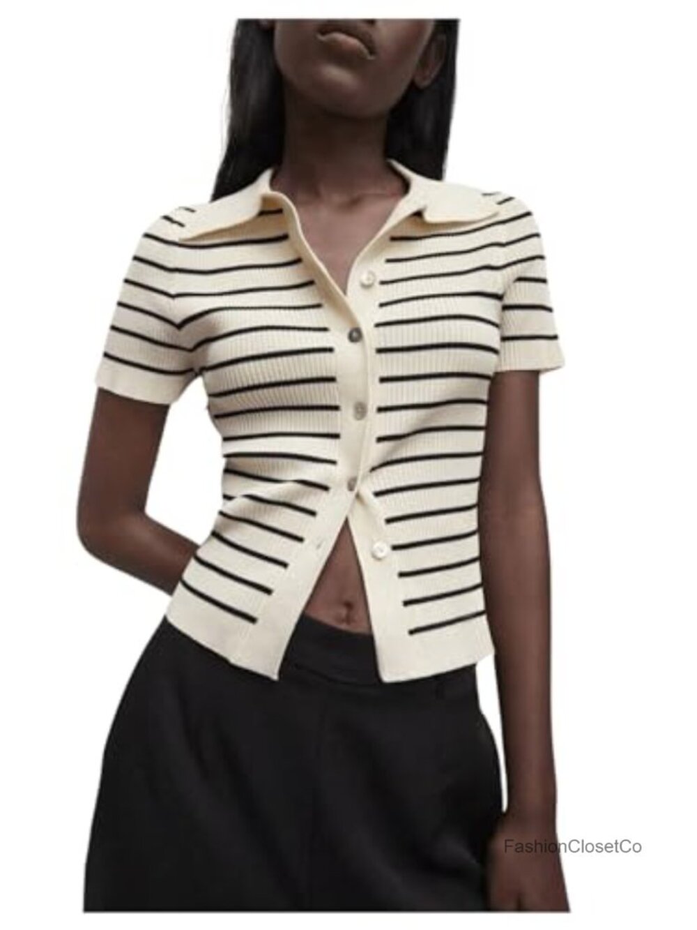 Striped Knit Button Down Collared Sweater Tee Short Sleeve Slim Fit Top